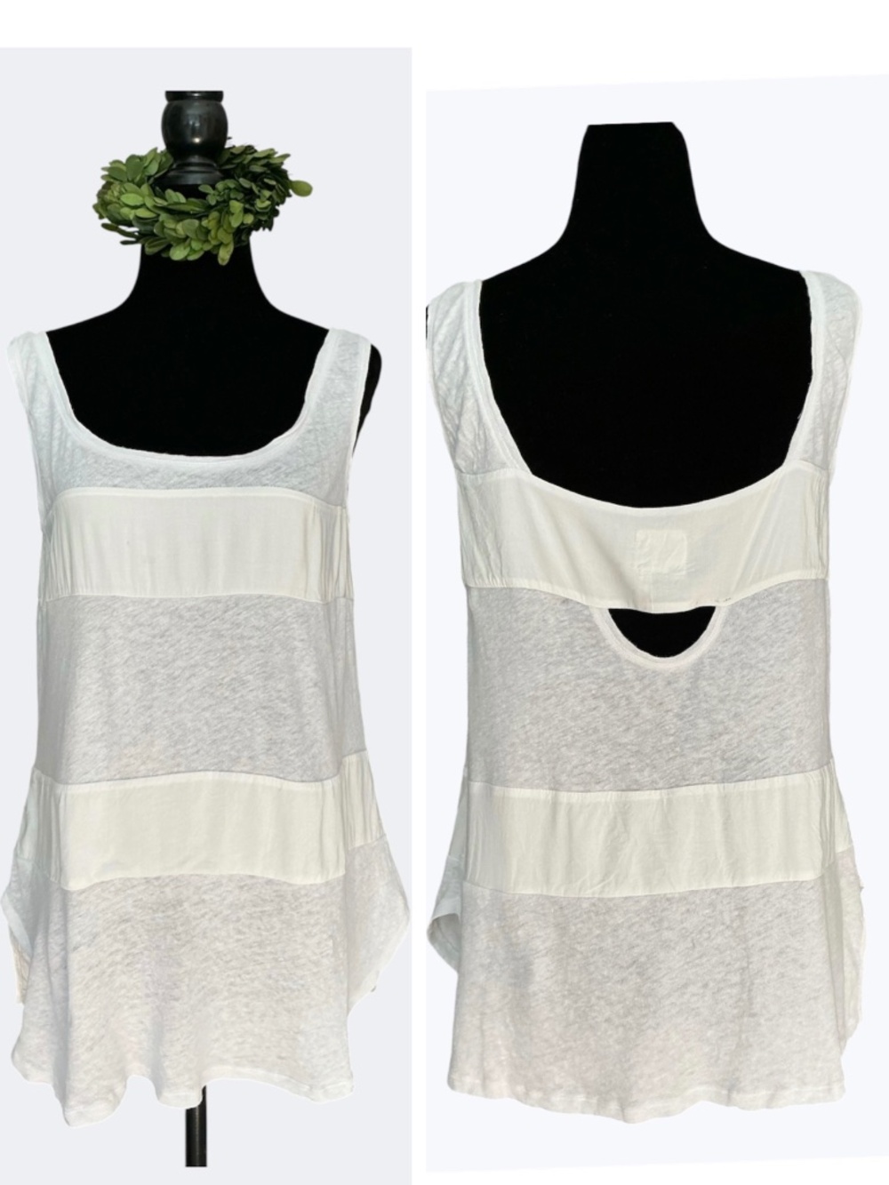Anthropologie Lilka White Cotton Linen Mixed Fabric Stripe Flowey Tank Top SZ S